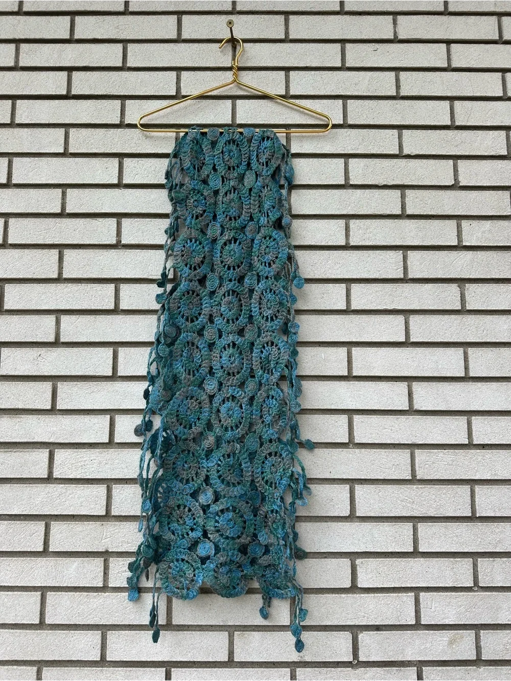 Hand Crochet Textured Spiral Fringe Scarf Wrap Ocean Blue Boho Art Whimsigoth
